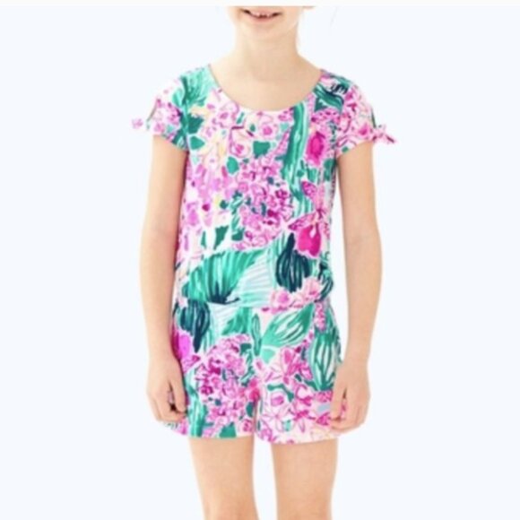 Lilly Pulitzer Girls Camryn Romper in Via Flora Size Large (8-10)